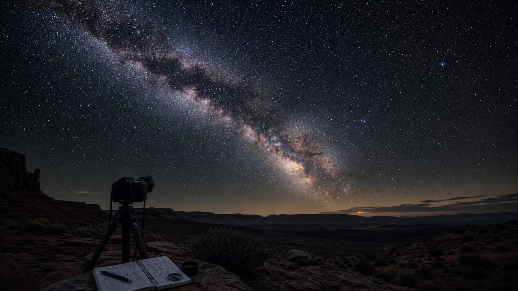 Milky Way core rising above a dark sky landscape with an astrophotography camera setup
